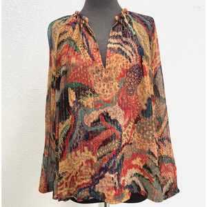 A.L.C Silk Blouse Women 6 Orange Long Sleeve Lightweight Gold Striped V-Neck